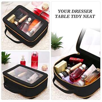 AQSXO Compact Travel Toiletry Case, Premium Makeup Organizer Bag, Sturdy Portable Cosmetics Pouch with Sleek Design and Transparent Vinyl Windows & Gold Zippers(black)