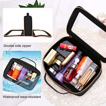 AQSXO Compact Travel Toiletry Case, Premium Makeup Organizer Bag, Sturdy Portable Cosmetics Pouch with Sleek Design and Transparent Vinyl Windows & Gold Zippers(black)