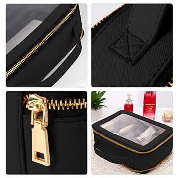 AQSXO Compact Travel Toiletry Case, Premium Makeup Organizer Bag, Sturdy Portable Cosmetics Pouch with Sleek Design and Transparent Vinyl Windows & Gold Zippers(black)