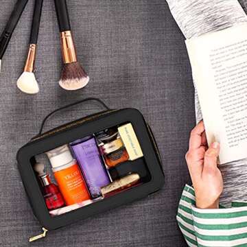 AQSXO Compact Travel Toiletry Case, Premium Makeup Organizer Bag, Sturdy Portable Cosmetics Pouch with Sleek Design and Transparent Vinyl Windows & Gold Zippers(black)