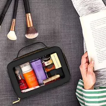 AQSXO Compact Travel Toiletry Case, Premium Makeup Organizer Bag, Sturdy Portable Cosmetics Pouch with Sleek Design and Transparent Vinyl Windows & Gold Zippers(black)