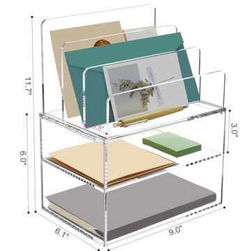 DINGHUO Acrylic File Desk Organizer, Small 2-in-1 Mail Letter Bill Organizer with 3 Sections File Ho...