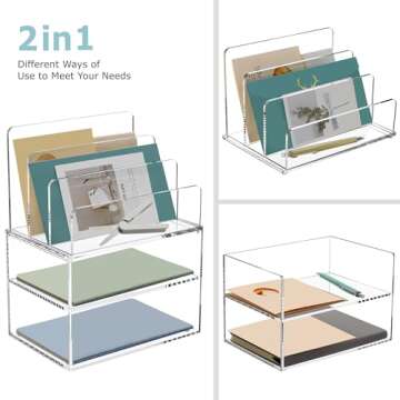 DINGHUO Acrylic File Desk Organizer, Small 2-in-1 Mail Letter Bill Organizer with 3 Sections File Holder, Office Desk Accessories for Home School Work- 1 Pack