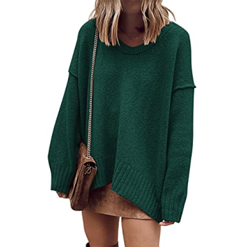 ANRABESS Women's Oversized Casual Loose Slouchy Scoop V Neck Batwing Long Sleeve Knit 2024 Fall Pullover Sweaters Dark Green Large