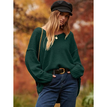 ANRABESS Women's Oversized Casual Loose Slouchy Scoop V Neck Batwing Long Sleeve Knit 2024 Fall Pullover Sweaters Dark Green Large