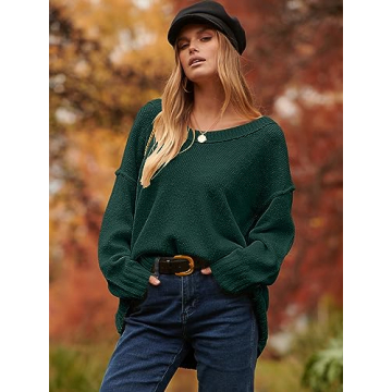 ANRABESS Women's Oversized Casual Loose Slouchy Scoop V Neck Batwing Long Sleeve Knit 2024 Fall Pullover Sweaters Dark Green Large