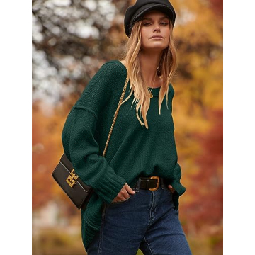 ANRABESS Women's Oversized Casual Loose Slouchy Scoop V Neck Batwing Long Sleeve Knit 2024 Fall Pullover Sweaters Dark Green Large
