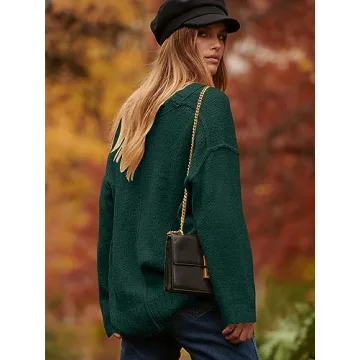 ANRABESS Women's Oversized Casual Loose Slouchy Scoop V Neck Batwing Long Sleeve Knit 2024 Fall Pullover Sweaters Dark Green Large