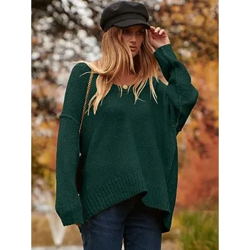 ANRABESS Women's Oversized Casual Loose Slouchy Scoop V Neck Batwing Long Sleeve Knit 2024 Fall Pullover Sweaters Dark Green Large