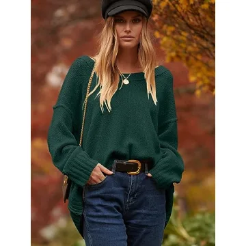 ANRABESS Women's Oversized Casual Loose Slouchy Scoop V Neck Batwing Long Sleeve Knit 2024 Fall Pullover Sweaters Dark Green Large
