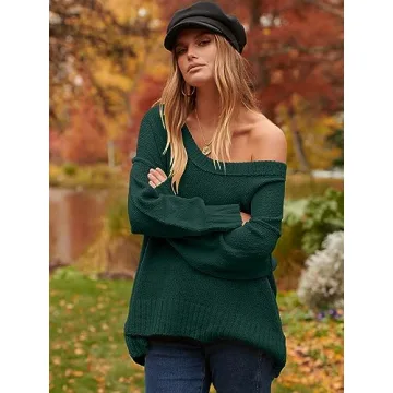 ANRABESS Women's Oversized Casual Loose Slouchy Scoop V Neck Batwing Long Sleeve Knit 2024 Fall Pullover Sweaters Dark Green Large