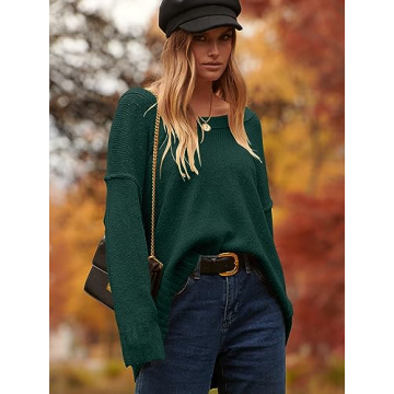 ANRABESS Women's Oversized Casual Loose Slouchy Scoop V Neck Batwing Long Sleeve Knit 2024 Fall Pullover Sweaters Dark Green Large