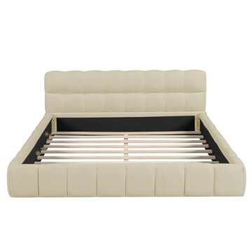Merax Queen Size Upholstered Platform Bed Frame for Boys Girls Kids Adults Toddler with Thick Fabric, Grounded Bed with Solid Frame, Beige