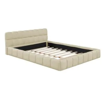 Merax Queen Size Upholstered Platform Bed Frame for Boys Girls Kids Adults Toddler with Thick Fabric, Grounded Bed with Solid Frame, Beige