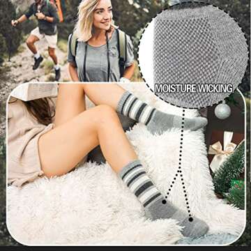 EBMORE Womens Merino Wool Hiking Socks Thermal Warm Winter Boot Crew Cushion Work Gift Socks 5 Pairs(Striped-A,M)