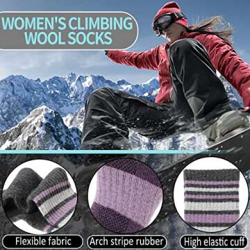 EBMORE Womens Merino Wool Hiking Socks Thermal Warm Winter Boot Crew Cushion Work Gift Socks 5 Pairs(Striped-A,M)