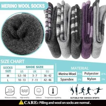 EBMORE Womens Merino Wool Hiking Crew Socks - 5 Pairs