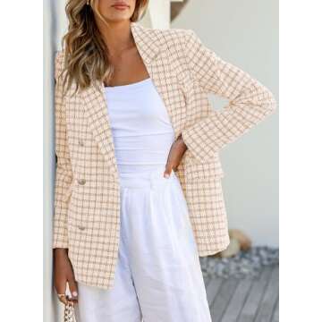 Happy Sailed Women's Plaid Blazers Suit Jackets Fashion Double Breasted Lapel Collar Oversized Tweed Blazer Long Sleeve Open Front Office Professional Blazer Work Suits Mustard M