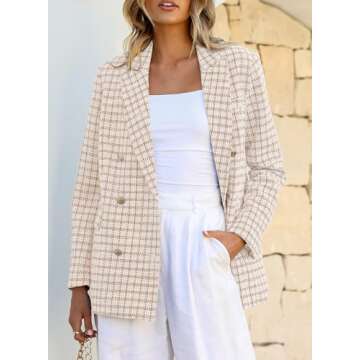 Happy Sailed Women's Plaid Blazers Suit Jackets Fashion Double Breasted Lapel Collar Oversized Tweed Blazer Long Sleeve Open Front Office Professional Blazer Work Suits Mustard M