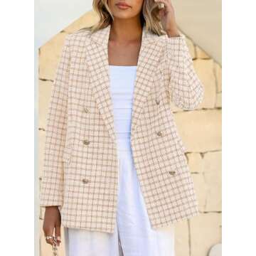 Happy Sailed Women's Plaid Blazers Suit Jackets Fashion Double Breasted Lapel Collar Oversized Tweed Blazer Long Sleeve Open Front Office Professional Blazer Work Suits Mustard M