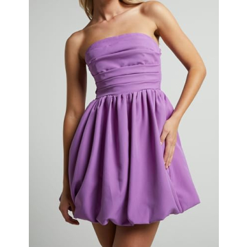 MISSACTIVER Women's Strapless Tube Top Mini Dress Ruched Sleeveless Off Shoulder Flared Short Dress Summer Party Club Dresses Purple