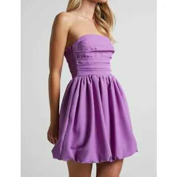 MISSACTIVER Women's Strapless Tube Top Mini Dress Ruched Sleeveless Off Shoulder Flared Short Dress Summer Party Club Dresses Purple
