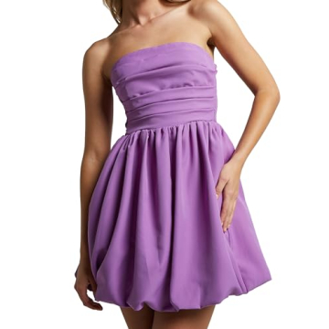 MISSACTIVER Women's Strapless Tube Top Mini Dress Ruched Sleeveless Off Shoulder Flared Short Dress Summer Party Club Dresses Purple