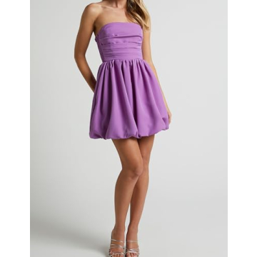 MISSACTIVER Women's Strapless Tube Top Mini Dress Ruched Sleeveless Off Shoulder Flared Short Dress Summer Party Club Dresses Purple
