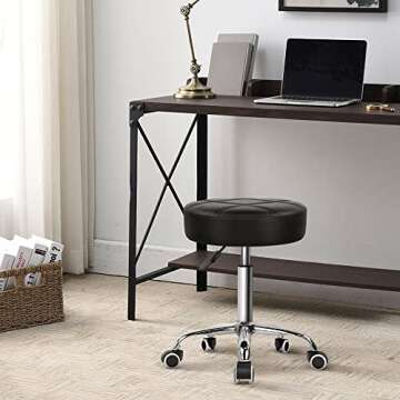 KKTONER Round Rolling Stool Chair - Comfortable Height Adjustable PU Leather Chair