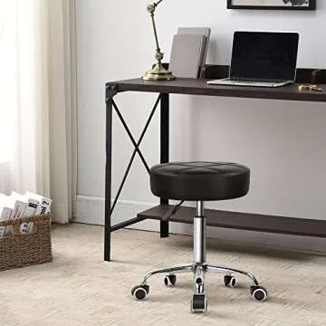 KKTONER Round Rolling Stool Chair - Comfortable Height Adjustable PU Leather Chair