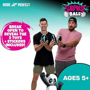 Dude Perfect Surprise Ball for Kids with 5 Toys + Sticker Pack, Unwrap Hidden Prizes and a Mystery Character, Collect All 7 Characters, Game for All Ages