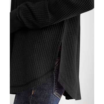 PRETTYGARDEN Womens Waffle Knit Long Sleeve Shirts V Neck Solid Color Casual Drop Shoulder Pullover Exposed Seam Fall Tops (Black, Small)