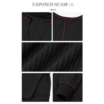 PRETTYGARDEN Womens Waffle Knit Long Sleeve Shirts V Neck Solid Color Casual Drop Shoulder Pullover Exposed Seam Fall Tops (Black, Small)