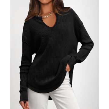 PRETTYGARDEN Womens Waffle Knit Long Sleeve Shirts V Neck Solid Color Casual Drop Shoulder Pullover Exposed Seam Fall Tops (Black, Small)