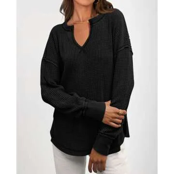 PRETTYGARDEN Womens Waffle Knit Long Sleeve Shirts V Neck Solid Color Casual Drop Shoulder Pullover Exposed Seam Fall Tops (Black, Small)