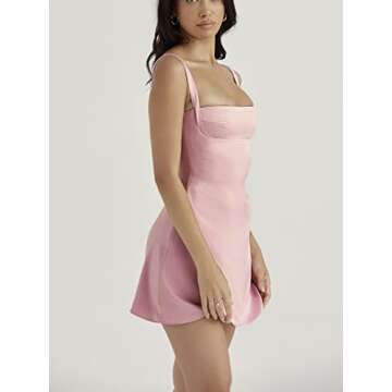 ROAONOCOMO Women Spaghetti Strap Mini Dress Cut Out Square Neck Slip Bodycon Backless Camis Short Y2k Streetwear B-pink