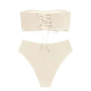 ZAFUL Women's Textured Bandeau Bikini Strapless Solid Color 2 Pieces Bathing Back Lace-up Suit Swims...