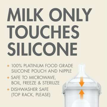 Boon Nursh Reusable Silicone Pouch Baby Bottles - Slow Flow Nipple - Silicone Baby Bottle Pouch and Nipple - Baby Feeding Essentials - Gray - 0-3 Months - 3 Count - 4 Ounce