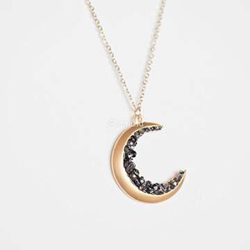 MJLULU Dainty Delicate Long Layered Crescent Moon Necklace for Women - 14k Gold Plated, Minimalist Astrology Jewelry, Crescent Moon Encrusted with Black Crystal Jewels