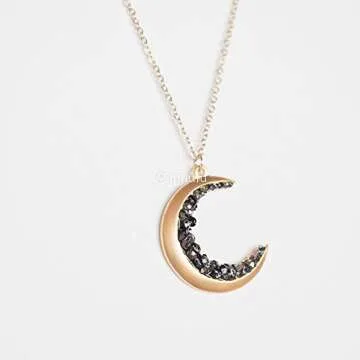 MJLULU Dainty Delicate Long Layered Crescent Moon Necklace for Women - 14k Gold Plated, Minimalist Astrology Jewelry, Crescent Moon Encrusted with Black Crystal Jewels