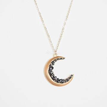 MJLULU Dainty Delicate Long Layered Crescent Moon Necklace for Women - 14k Gold Plated, Minimalist Astrology Jewelry, Crescent Moon Encrusted with Black Crystal Jewels