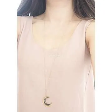 MJLULU Dainty Delicate Long Layered Crescent Moon Necklace for Women - 14k Gold Plated, Minimalist Astrology Jewelry, Crescent Moon Encrusted with Black Crystal Jewels