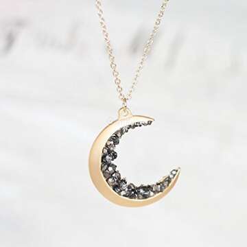 MJLULU Dainty Delicate Long Layered Crescent Moon Necklace for Women - 14k Gold Plated, Minimalist Astrology Jewelry, Crescent Moon Encrusted with Black Crystal Jewels