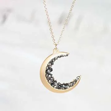 MJLULU Dainty Delicate Long Layered Crescent Moon Necklace for Women - 14k Gold Plated, Minimalist Astrology Jewelry, Crescent Moon Encrusted with Black Crystal Jewels