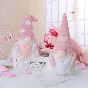 QLEKEY Valentines Day Gnomes with LED Light Decor Love Heart Mr & Mrs Handmade Swedish Scandinavian Tomte Elf Sweet for Shelf Table Decorations Pack of 2