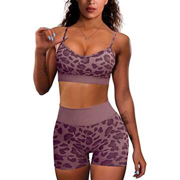 OQQ Yoga Outfit for Women Seamless 2 Piece Workout Gym High Waist Leggings with Sport Bra Set Leopard_Grapes Purple