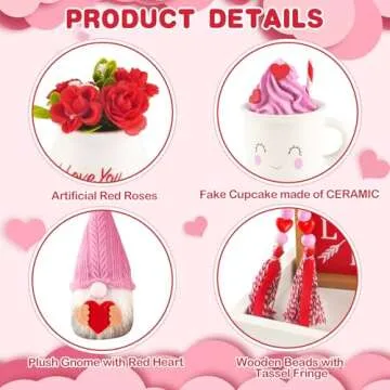 8 Pieces Valentine's Day Tiered Tray Decor, Valentine Home Table Tray Shelf Decor Gifts, Tray Objects Decoration Bundle Plush Gnome Ceramic Wood Sings Bead Garland Love Plaques Decorative Set