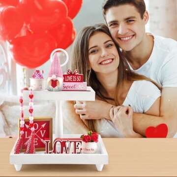 8 Pieces Valentine's Day Tiered Tray Decor, Valentine Home Table Tray Shelf Decor Gifts, Tray Objects Decoration Bundle Plush Gnome Ceramic Wood Sings Bead Garland Love Plaques Decorative Set