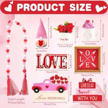 8 Pieces Valentine's Day Tiered Tray Decor, Valentine Home Table Tray Shelf Decor Gifts, Tray Objects Decoration Bundle Plush Gnome Ceramic Wood Sings Bead Garland Love Plaques Decorative Set
