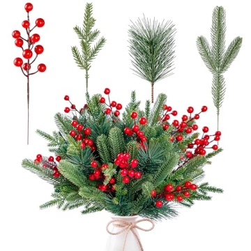 Sggvecsy 60 Pcs Artificial Pine Branches Fake Greenery Pine Picks Artificial Red Berry Stems Christm...